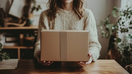 A woman in a cozy sweater holds a brown cardboard box on a wooden table surrounded by indoor plants in a warm, inviting room
