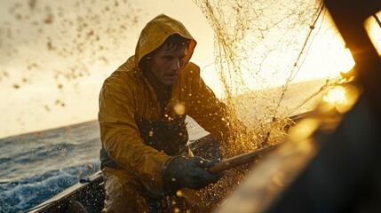 A fisherman pulls in his net as the sun sets, creating a beautiful golden glow over the water.