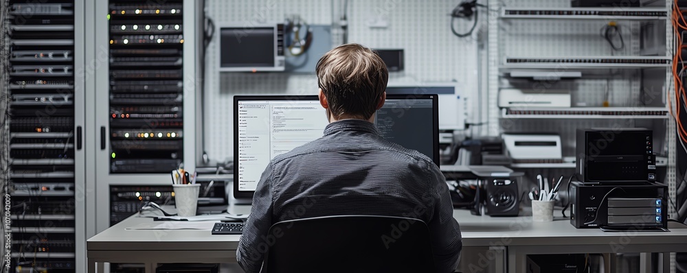 Poster Man at his desk, working on a computer surrounded by server racks and cloud storage, set against a white background, with clean copy space for modern website design