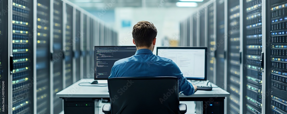 Poster Man at his desk, working on a computer surrounded by server racks and cloud storage, set against a white background, with clean copy space for modern website design
