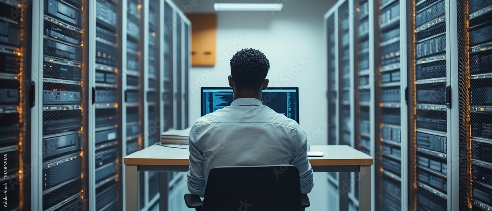 Poster Man sitting at a desk with a computer, surrounded by server racks and cloud storage, on a clean white background, providing a modern look for website design with copy space