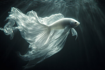 Naklejka premium A white Siamese fighting fish with flowing fins swims through dark water illuminated by light rays.