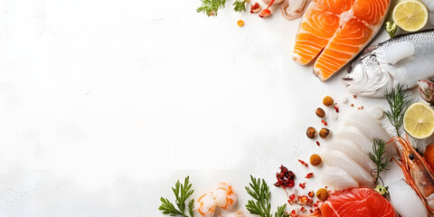 Very rich, fresh and delicious seafood. Poster, top view, business, poster, wallpaper, market, menu, restaurant, background, shrimps, fish, shellfish