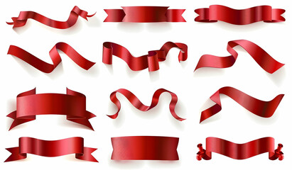 30 red vector ribbons, in various shapes and sizes, on a white background. 