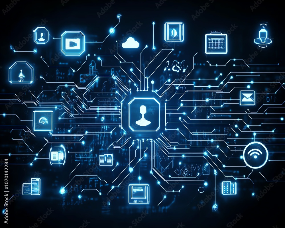 Poster white digital connections and futuristic technology elements against a dark blue background, showcas