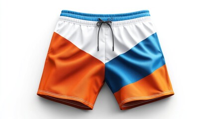 Fototapeta premium Colorful swim trunks with contrasting orange, blue, and white stripes for summer beach fun