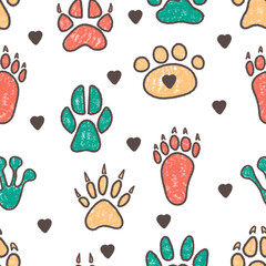 Seamless pattern with hand drawn pet paw prints. Domestic cat track footprints in brush stroke texture paint style