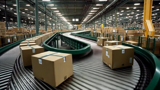 Warehouse, automated conveyor belt with cardboard boxes for logistics, shipping and distribution. Industrial storage facility with organized packaging system for e-commerce and supply chain