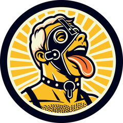 Gay guy in leather mask and collar with hairy chest  and tongue out in front of golden sun rays after rain. Round graphic gay man symbol (vector graphics)