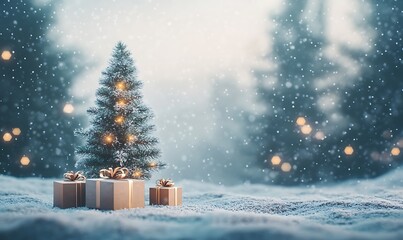 Obraz premium Magical Christmas scene with a small decorated tree and presents in a snowy landscape. A small, decorated Christmas tree stands in a snowy landscape 