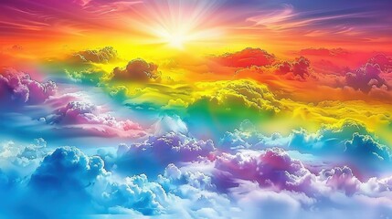 A vibrant, colorful sky at sunrise, filled with rainbow hues and soft clouds, creating a serene and uplifting atmosphere.