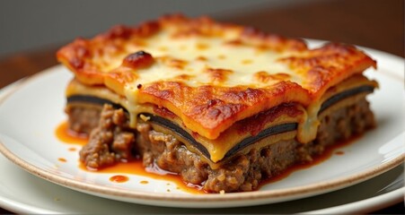 Delicious layered meat lasagna slice.