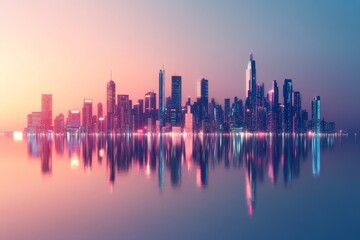 Obraz premium Colorful sunset skyline reflecting on water in a vibrant urban landscape