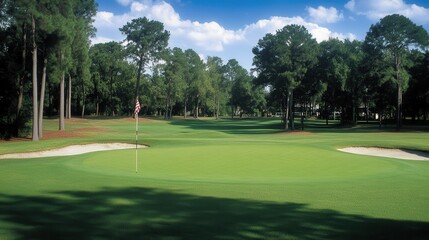 Experience stunning views of a golf course nestled among rolling hills and lush greenery