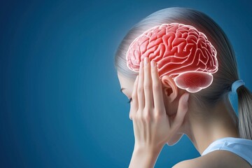 Contemporary illustration of brain with woman holding her head.