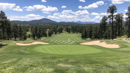 Obraz premium Enjoy breathtaking views of the golf course from a hill overlooking rolling green landscapes under a bright sky