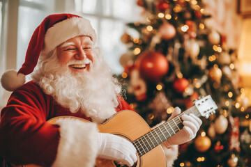 Jolly Santa Claus playing the guitar in front of a beautifully decorated Christmas tree