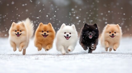Five joyful Pomeranian dogs running in the snow.