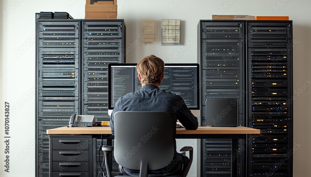Poster a man at his desk, with a computer, cloud storage, and large server racks, on a white background off
