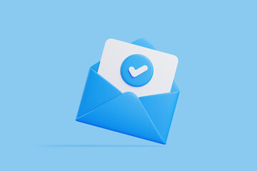Blue envelope containing a card with a checkmark, symbolizing email verification, approval, or confirmation. 3D render illustration