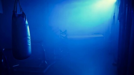 Sleek empty fitness gym with a blue filter film look, showcasing modern workout equipment in a serene and stylish setting