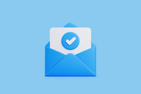 Open blue envelope containing a document with a blue verified checkmark, symbolizing email verification or approval. 3D render illustration