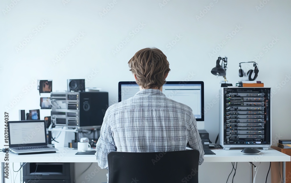 Aufkleber A man sitting at his desk with a computer, cloud storage, and server racks, surrounded by a white background with plenty of copy space for web design
