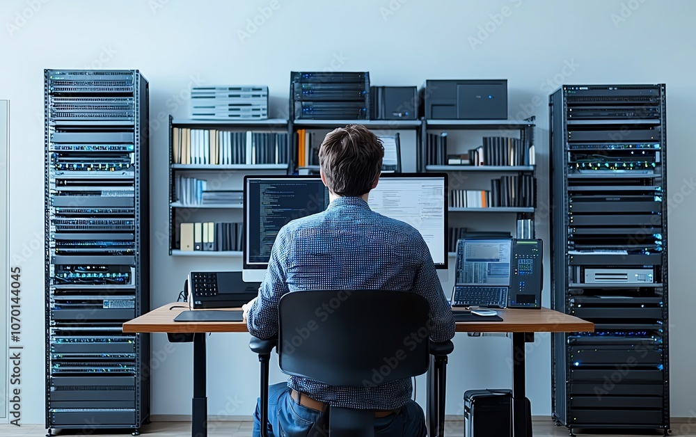Leinwandbilder a man sitting at his desk with a computer, cloud storage, and server racks, surrounded by a white ba