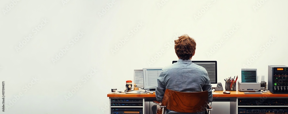 Leinwandbilder A man working on his computer at a desk, with server racks and cloud storage around him, set against a white background with ample copy space for website design