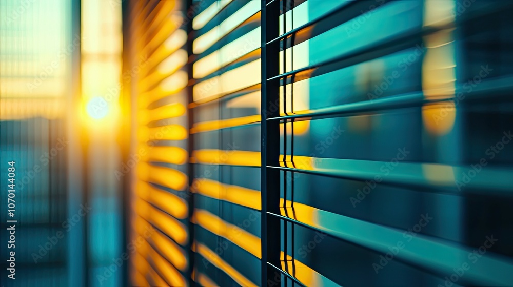 Poster a close-up view of a blinds in an office with the setting sun shining through the slats, creating a 
