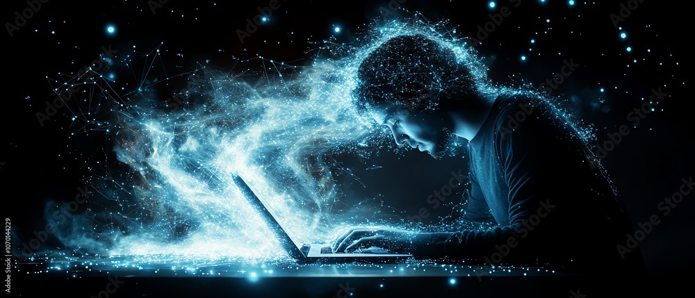 Aufkleber A person at a laptop with digital connections and data flowing from the screen towards them, in dark blue tones, representing the interconnectedness of technology and information
