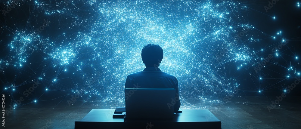 Poster a person at a laptop with digital connections and data flowing from the screen towards them, in dark