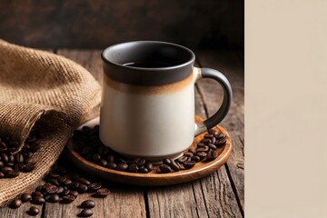 Rustic Coffee Cup with Beans on Wooden Table