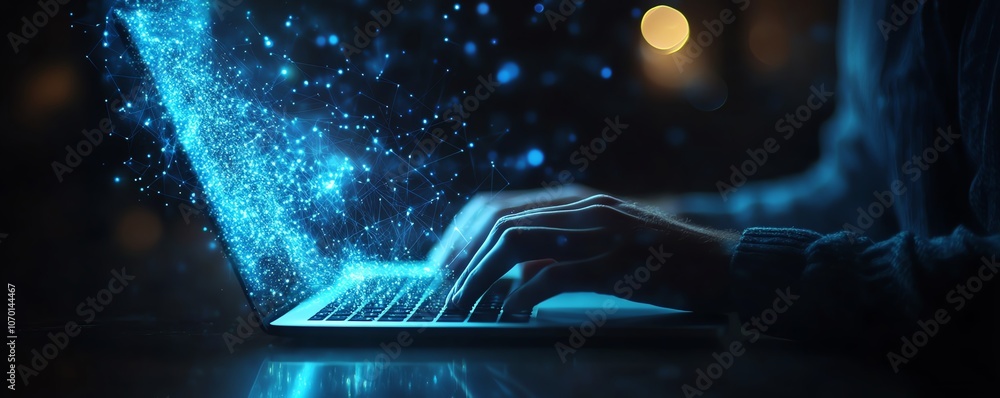 Poster a person typing on their laptop, with digital connections and data flowing from the screen towards t
