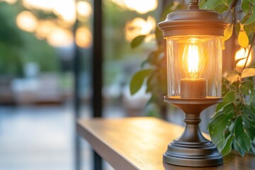 Warm light from a vintage-style lamp on a wooden table in a garden setting.