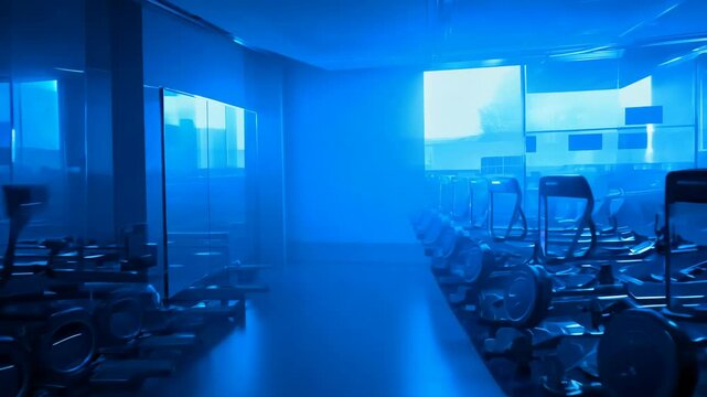 Stylish empty fitness gym with a blue filter film look applied, highlighting modern equipment in a calm and inviting space