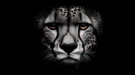 Obraz premium Close-up portrait of a cheetah's face against a black background. The cheetah has a serious expression and its fur is spotted.