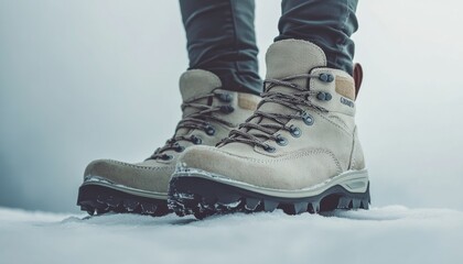 Person wearing hiking boots while standing on snow in a winter landscape