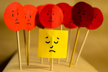 Horizontal image of yellow paper with sad face surrounded by angry faces, concept of social...
