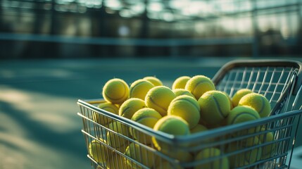 A tennis ball cart filled with bright yellow balls ready for practice on an outdoor court during sunset in a recreational facility