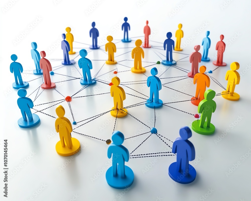 Poster interconnected digital figures representing various people and groups in the online space, illustrat
