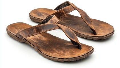 Brown leather flip flops on a white background showcasing casual summertime footwear