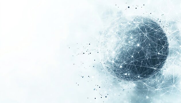 Global network with planet Earth and connection lines on a white background, using a greyblue color palette, with central white space for logo or text