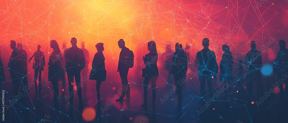 Poster interconnected figures in a digital network, representing different people and groups, showcasing mo