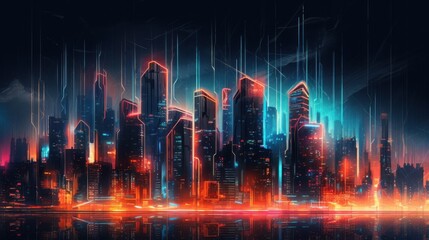 Obraz premium The skyline showcases a futuristic city at dusk, where neon lights illuminate towering skyscrapers,Generative AI