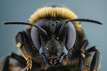 Bumblebee is presenting its furry face and antennae to the camera in an extreme close up portrait
