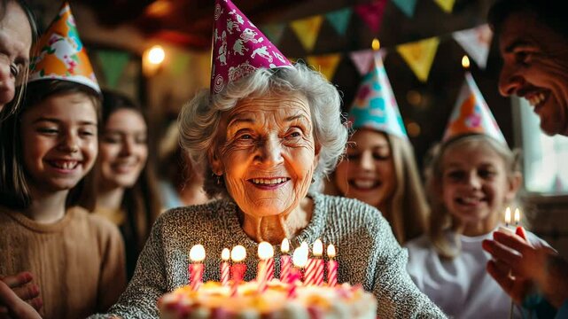 Birthday, joyful elderly woman celebrating with family, candles and smiles for happiness, love and togetherness. Senior with cake surrounded by grandchildren and friends at party for milestone