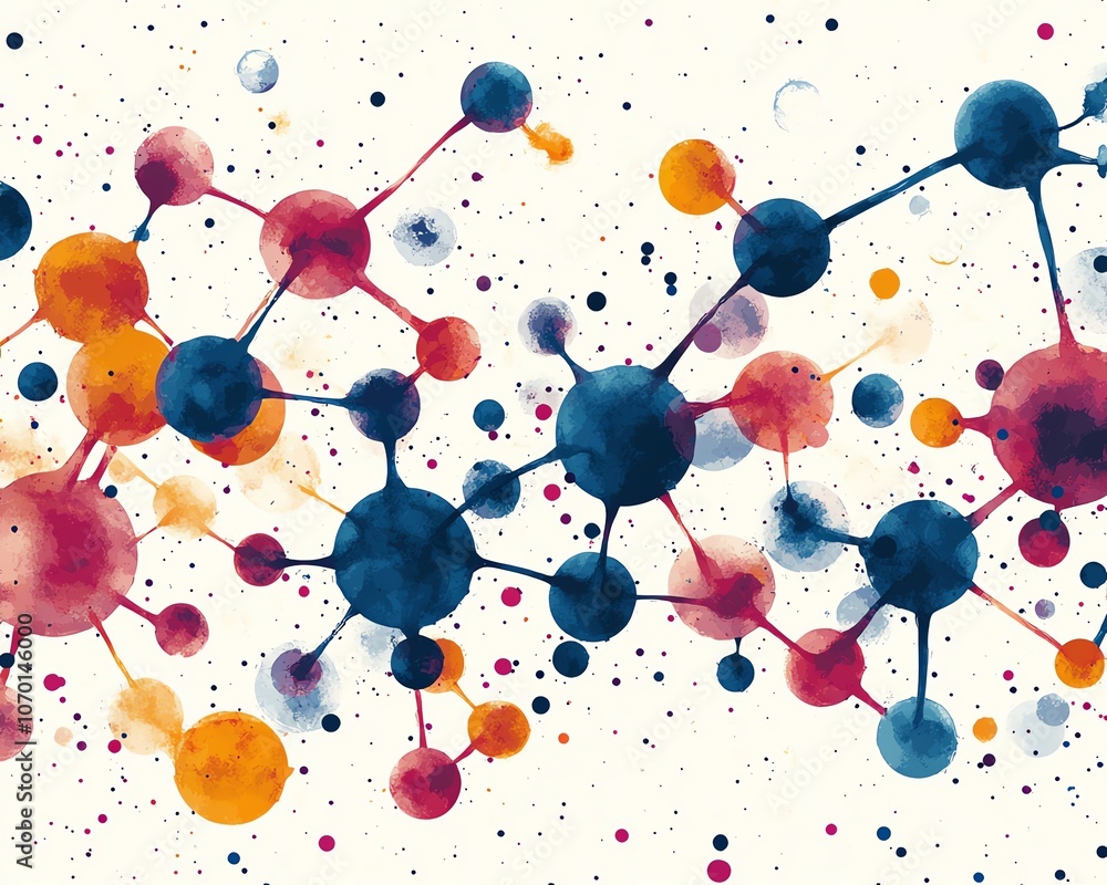 Poster Vibrant and colorful abstract geometric patterns combined with molecular structures on a white background, conveying creativity and modern design