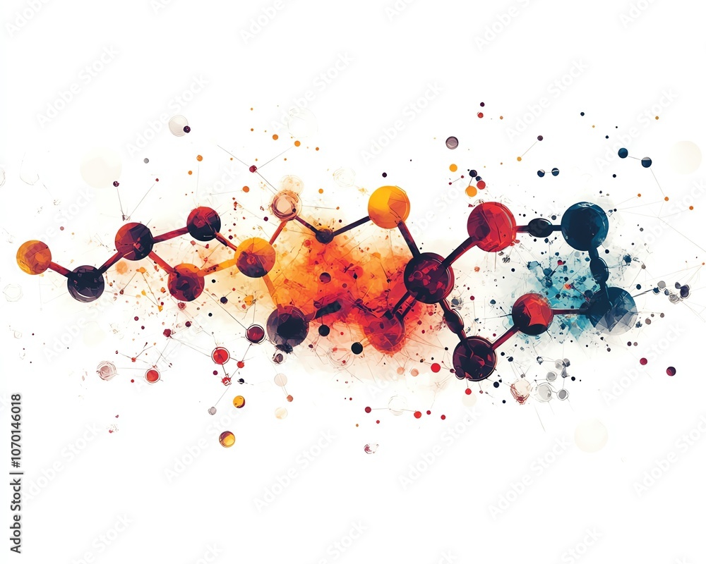 Poster vibrant molecular structures and abstract geometric patterns on a white background, showcasing creat