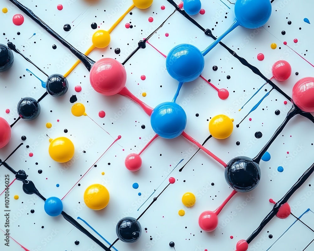 Poster Vibrant molecular structures and abstract geometric patterns on a white background, showcasing creativity and the beauty of modern abstract art